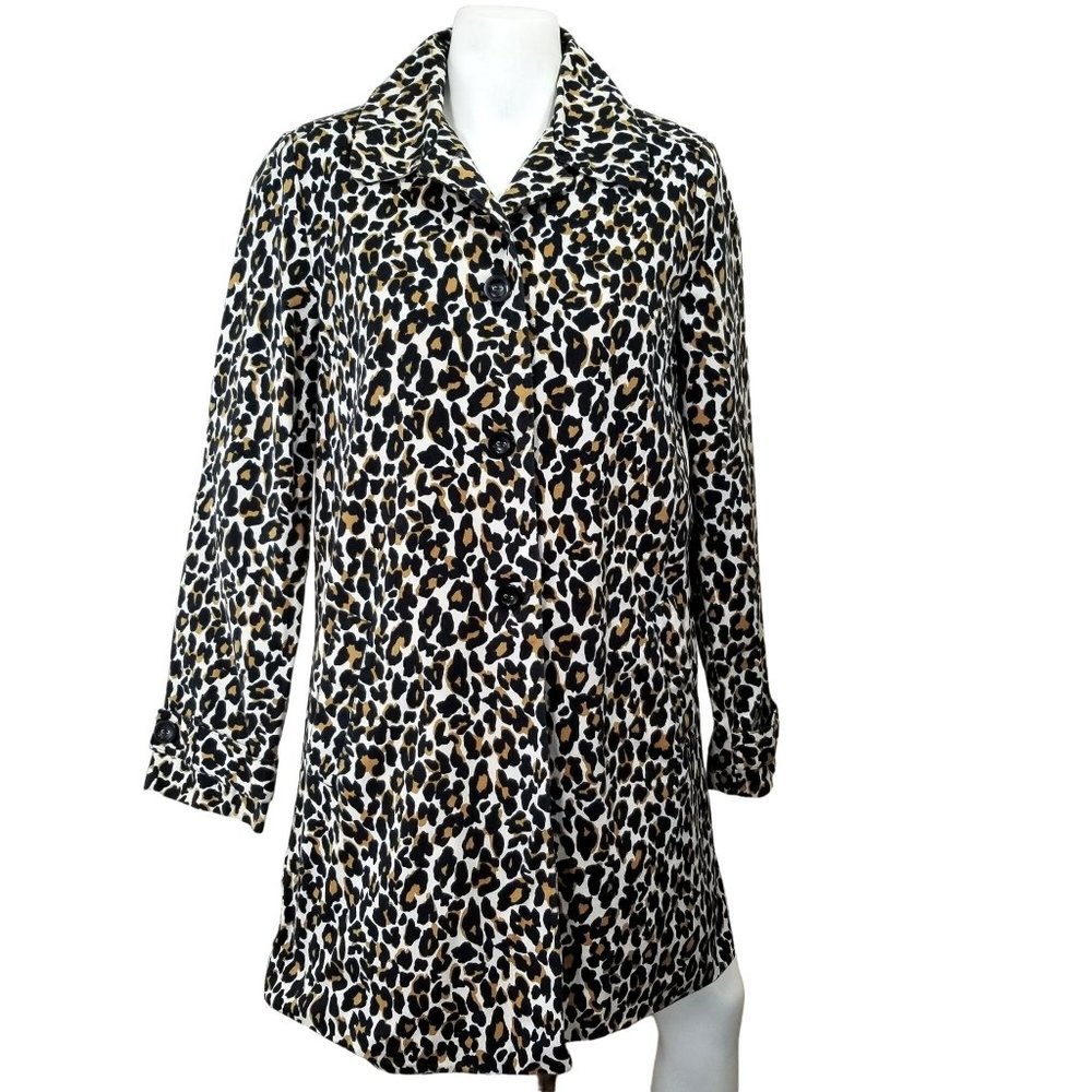 Forever 21 Trench Coat Jacket M Black Leopard Pocket Button Lined Long Goth Punk
